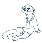  2019 anthro arm_support balls blue_and_white bottomless cheek_tuft clothed clothing eyewear fuel_(artist) glasses head_tuft lutrine male mammal monochrome mustelid otterly_(character) simple_background sitting solo tuft white_background 