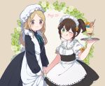  2girls 697_mono_71 alternate_costume apron black_dress blonde_hair blush brown_hair dress enmaided green_eyes hair_between_eyes jewelry long_hair looking_at_viewer maid maid_apron maid_headdress multiple_girls necklace octopath_traveler ophilia_(octopath_traveler) ponytail puffy_short_sleeves puffy_sleeves ribbon short_hair short_sleeves simple_background smile tressa_(octopath_traveler) wrist_cuffs 