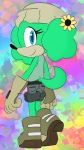  2018 5_fingers 9:16 abstract_background anthro beanie blue_eyes boots bottomwear canid canine canis clothed clothing domestic_dog female flower flower_in_hair footwear fully_clothed fur gloves goldenbuckles green_fur green_hair hair hat headgear headwear hi_res looking_at_viewer mammal mint_(goldenbuckles) plant poodle rainbow_background shirt shorts simple_background smile solo sonic_forces standing sunflower tank_top topwear 