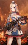  1girl absurdres bangs beluga_dolphin blonde_hair blue_hair blurry blurry_background breasts chauchat chauchat_(girls_frontline) cleavage cleavage_cutout dress dust eyebrows_visible_through_hair fire girls_frontline gloves gun hat highres holding holding_gun holding_weapon jacket large_breasts light_machine_gun looking_at_viewer looking_to_the_side mini_hat multicolored multicolored_clothes multicolored_dress multicolored_jacket outdoors purple_eyes red_hair rifle sidelocks solo thigh_strap trigger_discipline uniform weapon 