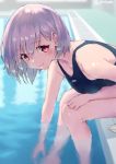  1girl blue_swimsuit breasts closed_mouth commentary_request eyebrows_visible_through_hair hair_between_eyes highres jonsun lavender_hair legs looking_at_viewer medium_breasts one-piece_swimsuit partially_submerged pool red_eyes shinjou_akane short_hair sitting smile solo ssss.gridman swimsuit twitter_username water 