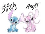  2019 4:3 4_fingers 4_toes alien angel_(lilo_and_stitch) antennae_(anatomy) autograph black_eyes blue_fur blue_nose blue_pawpads character_name chest_tuft claws colored_sketch disney duo experiment_(species) fur harara head_tilt head_tuft hi_res lilo_and_stitch notched_ear open_mouth open_smile pawpads pink_fur purple_nose purple_pawpads simple_background sitting smile stitch toes tuft white_background 