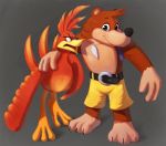  2019 anthro avian banjo-kazooie banjo_(banjo-kazooie) beak belt bird bottomwear breegull brown_fur clothing fur group kazooie looking_at_viewer mammal ragedraws rareware shorts simple_background tagme ursid video_games 