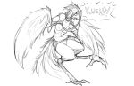  17:11 anthro avian breasts chocobo clothing female final_fantasy hair monochrome navel nipples on_one_leg open_mouth pussy simple_background solo square_enix standing surprise torn_clothing transformation video_games watsup white_background wings 