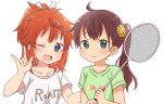  2girls ;d \m/ ahoge badminton_racket bangs blue_eyes blush brown_hair closed_mouth clothes_writing collarbone commentary_request eyebrows_visible_through_hair floral_print flower green_eyes green_shirt hair_between_eyes hair_flower hair_ornament hair_ribbon high_ponytail highres holding koshigaya_natsumi long_hair multiple_girls niizato_aoi non_non_biyori one_eye_closed open_mouth ponytail print_shirt racket ribbon shika_(s1ka) shirt short_sleeves side_ponytail simple_background smile upper_body white_background white_ribbon white_shirt yellow_flower 