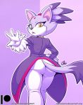  11:14 2019 amber_eyes anthro big_butt blaze_the_cat butt clothed clothing dipstick_tail domestic_cat felid feline felis female forehead_gem fur hair hair_tie looking_at_viewer looking_back mammal multicolored_tail nekocrispy open_mouth patreon pink_background purple_background purple_fur purple_hair signature simple_background solo sonic_(series) wide_hips 