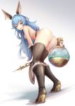  1girl :d animal_ears ass bell_(angelicalary) bent_over black_gloves black_legwear blue_hair boots breasts commentary_request curly_hair elbow_gloves erune ferry_(granblue_fantasy) from_behind full_body gloves granblue_fantasy hair_between_eyes high_heel_boots high_heels highres holding_whip jewelry knee_boots long_hair looking_at_viewer looking_back medium_breasts nude open_mouth sideboob simple_background single_earring smile solo standing thighhighs thighs very_long_hair yellow_eyes 