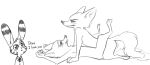  2019 anthro black_and_white blush canid canine cheek_tuft chest_tuft claws clothed clothing cuckold dialogue disney duo ear_markings elbow_tufts english_text eyes_closed facial_markings female fox fuel_(artist) fur_markings half-closed_eyes head_tuft hi_res jack_savage knee_tuft lagomorph leporid lying male male/female mammal markings missionary_position monochrome motion_lines necktie nick_wilde nude on_back pawpads penetration rabbit sex side_view simple_background skye_(zootopia) suit text tuft vaginal vaginal_penetration white_background zootopia 