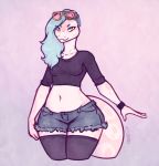  &gt;:3 2018 anthro blue_hair bottomwear breasts clothing clovenhooves cutoffs denim_shorts esmee eyewear facial_markings female hair invalid_color leggings legwear long_hair looking_at_viewer markings midriff navel pink_background python reptile scalie shorts simple_background slightly_chubby small_breasts smile snake solo spots sunglasses thick_tail thick_thighs voluptuous wide_hips yellow_eyes 