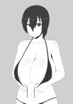  1girl bare_shoulders bikini black_hair breasts cleavage collarbone cowboy_shot eyebrows_behind_hair grey_background groin highres huge_breasts light_frown looking_at_viewer monochrome nao_(ritsancrossover) navel original short_hair simple_background solo swimsuit untied untied_bikini 
