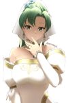  1girl artist_name bare_shoulders breasts bridal_gauntlets bridal_veil choker closed_mouth collarbone dress earrings facing_viewer finger_to_mouth fire_emblem fire_emblem:_rekka_no_ken fire_emblem_heroes gloves gold_trim green_eyes green_hair high_ponytail jewelry large_breasts long_hair looking_at_viewer lyndis_(fire_emblem) nintendo ponytail ring simple_background skeptycally smile solo strapless strapless_dress twitter_username veil wedding_dress wedding_ring white_background white_dress 