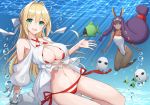 2girls :d ahoge animal_ears bangs bikini bikini_under_clothes blush breasts bubble cleavage dappled_sunlight dark_skin day dress earrings eyebrows_visible_through_hair fate/grand_order fate_(series) fish green_eyes hair_between_eyes hair_ribbon hairband jackal_ears jewelry large_breasts long_hair looking_at_viewer low_ponytail medium_breasts medjed multiple_girls navel necklace nero_claudius_(fate)_(all) nero_claudius_(swimsuit_caster)_(fate) nitocris_(fate/grand_order) nitocris_(swimsuit_assassin)_(fate) one-piece_swimsuit open_mouth outdoors purple_hair ribbon smile striped striped_bikini sunlight swimsuit teeth underwater very_long_hair water yuzu-aki 