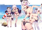  2girls ;d ? absurdres armband ass ass_cutout bangs bikini black_bikini blush breasts bubble_blowing butt_crack character_name choker cleavage collarbone eyebrows_visible_through_hair food full_body fur-trimmed_jacket fur_trim girls_frontline ground_vehicle hair_between_eyes hair_tucking hat highres holding holding_innertube innertube iron_cross jacket jewelry kar98k_(girls_frontline) large_breasts leaning_forward long_hair looking_at_viewer military military_vehicle motor_vehicle mouth_hold multiple_girls multiple_views navel necktie one_eye_closed open_clothes open_jacket open_mouth peaked_cap popsicle red_eyes red_neckwear ring sandals shennai_misha small_breasts smile spoken_question_mark swimsuit tank thigh_strap very_long_hair wedding_band wet white_hair younger 