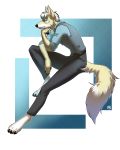  2019 4:5 4_toes 5_fingers anthro black_fur blue_eyes canid canine clothed clothing digital_media_(artwork) fox fur hi_res male mammal rayley sitting solo toes 