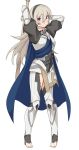  &gt;:) 1girl armor arms_up barefoot black_hairband blue_cape blush cape closed_mouth commentary_request female_my_unit_(fire_emblem_if) fire_emblem fire_emblem_if full_body hair_between_eyes hairband holding holding_sword holding_weapon long_hair looking_at_viewer my_unit_(fire_emblem_if) nintendo pigeon-toed red_eyes shiseki_hirame silver_hair simple_background smile solo standing sword v-shaped_eyebrows weapon white_background 