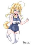  1girl ahoge animal_ears blonde_hair blue_ribbon breasts collarbone dog_ears dog_tail fang full_body glasses hair_ribbon highres i-8_(kantai_collection) kantai_collection large_breasts looking_at_viewer low_twintails medium_hair name_tag no_hat no_headwear one-piece_swimsuit open_mouth red-framed_eyewear ribbon school_swimsuit semi-rimless_eyewear simple_background smile solo standing swimsuit tail takomeshi thighhighs twintails twitter_username under-rim_eyewear white_background white_legwear 