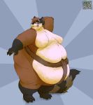  anthro arkveveen_(artist) belly belly_overhang big_belly black_fur brown_fur claws clothed clothing double_chin fur hand_behind_head hi_res japanese_clothing male mammal mawashi moobs obese obese_male one_eye_closed overweight overweight_male procyonid raccoon ringtail smile solo standing thick_thighs toe_claws tongue tongue_out wink 