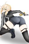  1girl ahoge artist_request artoria_pendragon_(all) ass bike_shorts blonde_hair blush breasts cameltoe fate/grand_order fate_(series) from_behind glasses hood hoodie looking_at_viewer mysterious_heroine_x_(alter) shiny shiny_hair short_hair solo sword thigh_strap thighhighs weapon 