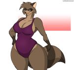  16:15 breasts cjshadorunner cleavage clothed clothing female leotard mammal procyonid raccoon slightly_chubby smile solo 