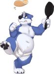  anthro badger blue_fur briefs bulge clothing cookware food frying_pan fur kitchen_utensils male mammal mustelid musteline navel pancake pawpads seth-iova simple_background slightly_chubby solo standing tools underwear white_fur 