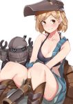  1girl absurdres bangs bare_shoulders black_bikini_top blonde_hair blush boots breasts brown_eyes brown_footwear brown_gloves cleavage closed_mouth collarbone djeeta_(granblue_fantasy) gloves granblue_fantasy gun halter_top halterneck handgun highres looking_at_viewer mask mask_on_head mechanic_(granblue_fantasy) medium_breasts nanakaku overalls robot short_hair simple_background sitting smile solo strap_slip weapon welding_mask white_background 