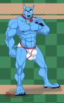  2019 4_toes 5_fingers abs anthro balls biceps black_nose blue_skin bulge canid canine canis clothed clothing collar confusion digitigrade domestic_dog eyebrows fingerpads green_background hi_res hungothenomster koris_(hungothenomster) male mammal muscular muscular_male muscular_thighs nipples pecs simple_background solo standing teeth tight_underwear toes topless underwear yellow_eyes 
