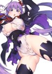  1girl :o arms_up bangs bb_(fate)_(all) bb_(swimsuit_mooncancer)_(fate) black_coat black_legwear blush breasts eyebrows_visible_through_hair gloves groin hair_ribbon highres holding jp06 large_breasts leotard long_hair looking_at_viewer open_mouth popped_collar purple_eyes purple_hair red_ribbon ribbon simple_background skindentation solo thighhighs torn_clothes underboob vampire_costume very_long_hair white_background white_gloves white_leotard 