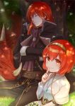  1boy 1girl belt brother_and_sister closed_mouth crossed_arms day dragon eyes_closed finger_to_mouth fire_emblem fire_emblem:_monshou_no_nazo fire_emblem_heroes grass hairband jewelry long_hair long_sleeves maria_(fire_emblem) misheil_(fire_emblem) necklace nintendo outdoors potiko_(3110) red_eyes red_hair short_hair shushing siblings sleeping tree twitter_username wyvern 