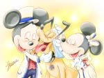  2018 4:3 anthro black_ears black_nose bone bow_tie canid canine canis clothed clothing collar disney domestic_dog eyebrows eyes_closed feral group harara hat headgear headwear hi_res holly_(plant) mammal mickey_mouse minnie_mouse mouse murid murine open_mouth open_smile plant pluto_(disney) raised_inner_eyebrows rodent round_ears signature simple_background smile tears top_hat yellow_background 