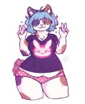  &lt;3 2018 5_fingers anthro bangs blizzard_entertainment blue_hair brown_fur clothed clothing clovenhooves colored_nails cute_fangs eyes_closed felid feline female fingers fur hair huge_hips inner_ear_fluff mammal multicolored_fur nails overwatch panties pink_nails pose purple_fur short_hair short_tail simple_background slightly_chubby smile solo spots thick_thighs ume underwear victory_pose video_games voluptuous whiskers white_background white_fur wide_hips x3 