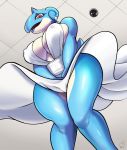  anthro big_breasts blue_skin breasts cleavage clothed clothing curvaceous dress ear_piercing ear_ring female horn kittell_(artist) lapras lipstick low-angle_view makeup marilyn_monroe marine nintendo nipple_outline open_mouth piercing pok&eacute;mon pok&eacute;mon_(species) red_eyes smile solo video_games wide_hips 