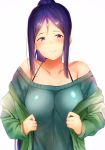  1girl aqua_sweater bangs bare_shoulders blush breasts collarbone green_jacket half-closed_eyes head_tilt highres jacket large_breasts long_hair long_sleeves looking_at_viewer love_live! love_live!_sunshine!! matsuura_kanan off-shoulder_sweater off_shoulder open_clothes open_jacket ponytail purple_eyes purple_hair reno_0901 sidelocks simple_background smile solo sweater tareme upper_body white_background 
