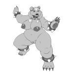  1:1 2019 anthro areola big_breasts big_nipples black_and_white breasts claws collar female half-closed_eyes heart-shaped_marking hi_res lonbluewolf looking_at_viewer mammal monochrome nipples nude pawpads pigtails plump_labia pose pussy solo ursid 