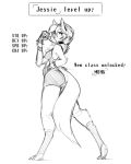  anthro blush breasts butt canid canine canis changeling_tale chest_tuft clothed clothing collar cute_fangs digitigrade female hair jessie_(changeling_tale) legwear level_up looking_at_viewer mammal monochrome open_mouth short_hair simple_background socks solo standing tuft watsup white_background wolf 