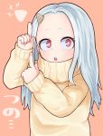  1girl :o absurdres bangs boku_no_hero_academia child commentary_request dress eri_(boku_no_hero_academia) highres horn huge_filesize jipponwazaari long_hair long_sleeves looking_at_viewer orange_background parted_bangs pointing red_eyes simple_background solo sweater translation_request upper_body upper_teeth white_hair 