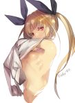  1girl black_ribbon blazblue blonde_hair breasts hair_ribbon hyakuhachi_(over3) long_hair looking_at_viewer navel no_bra rachel_alucard red_eyes ribbon slit_pupils small_breasts solo twintails undressing upper_body 