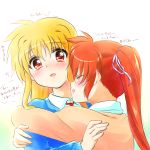  2girls alternate_costume blonde_hair blush collared_shirt couple embarrassed eyes_closed fate_testarossa happy hug kerorokjy long_hair looking_at_another lyrical_nanoha mahou_shoujo_lyrical_nanoha_strikers multiple_girls neck necktie nuzzle open_mouth orange_hair ponytail red_eyes shirt side_ponytail simple_background smile sweater takamachi_nanoha translation_request very_long_hair white_background yuri 