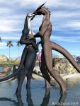  2009 3:4 3d_(artwork) anthro black_jackal clothed clothing digital_media_(artwork) dragon duo half-erect kissing lizard lizzy long_penis male male/male nude palm_tree penis reptile scalie swimwear topless tree water 