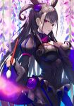  1girl bangs black_dress breasts brown_hair closed_mouth cowboy_shot curly_hair double_bun dress fate/grand_order fate_(series) frills gem grey_background hair_between_eyes hair_ornament holding holding_paintbrush large_breasts long_hair long_sleeves looking_at_viewer murasaki_shikibu_(fate) paintbrush puffy_sleeves purple_eyes rods solo standing striped two_side_up vertical-striped_dress vertical_stripes very_long_hair wide_sleeves 