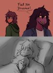  2019 after_sex anthro bedroom clothed clothing deltarune duo embarrassed english_text eyes_closed female hair hi_res human interspecies kris_(deltarune) long_hair male mammal monochrome scalie short_hair sleeping source_request susie_(deltarune) text toony topless unknown_artist video_games 