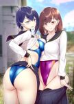  2girls ass asymmetrical_docking bangs black_legwear blue_eyes blue_hair blue_sky blue_swimsuit blush breast_press breasts brown_eyes brown_hair cloud commentary_request eyebrows_visible_through_hair gentsuki highleg highleg_swimsuit highres large_breasts licking_lips long_sleeves looking_at_viewer multiple_girls original parted_lips partially_visible_vulva purple_swimsuit sailor_collar school_uniform shiny shiny_clothes shirt siblings sidelocks sisters skirt skirt_lift skirt_pull sky swimsuit swimsuit_under_clothes thighhighs tongue tongue_out white_shirt 