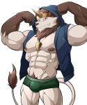  abs briefs bulge clothed clothing digimon digimon_(species) dorulumon flexing hi_res hoodie maldu male muscular muscular_male navel nipples open_hoodie pecs simple_background solo underwear white_background wolfoxokamichan 