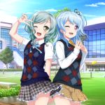  2girls ;d aqua_hair argyle_sweater_vest arm_behind_back bang_dream! blue_hair blue_neckwear blue_sweater_vest blush bow brown_skirt building collared_shirt commentary_request cowboy_shot green_eyes green_ribbon grey_skirt hair_bow hair_ribbon highres hikawa_hina kuusuke_(yo_suke39) long_sleeves matsubara_kanon multiple_girls neck_ribbon necktie one_eye_closed one_side_up open_mouth outdoors plaid plaid_skirt purple_eyes ribbon school_uniform shirt short_sleeves side_braids skirt smile steepled_fingers sweater_vest v_over_eye white_shirt yellow_bow yellow_neckwear 