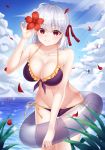  1girl absurdres ahoge bare_arms bare_shoulders bikini blue_sky blurry breasts carat_hanna cleavage closed_mouth cloud cloudy_sky collarbone cowboy_shot day depth_of_field fate/grand_order fate_(series) flower frilled_bikini frills front-tie_bikini front-tie_top glint groin hair_flower hair_ornament hair_ribbon half_updo halterneck hand_up hibiscus highres holding horizon innertube kama_(fate/grand_order) large_breasts light_rays looking_at_viewer navel ocean outdoors petals plant purple_bikini red_eyes red_flower red_ribbon ribbon short_hair side-tie_bikini sky smile solo standing stomach sunbeam sunlight swimsuit thighs water_drop white_hair 