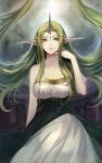  1girl absurdres bare_shoulders breasts circlet cleavage dress earrings fire_emblem fire_emblem_echoes:_mou_hitori_no_eiyuuou green_eyes green_hair highres horn jewelry large_breasts long_hair machi_wt mamkute mila_(fire_emblem) nintendo parted_lips pointy_ears solo 