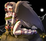  2019 anthro avian beak breasts clothed clothing digital_media_(artwork) feathered_wings feathers female gryphon moon night non-mammal_breasts outside rock sky smile solo star starry_sky tales_foxdale white_feathers wings 