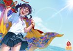  aoi_sora_(pairan) beach blue_sky commentary glasses hair_ornament hairclip lens_flare looking_at_viewer pairan skirt sky water wristband 