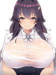  1girl azuma_(azur_lane) azur_lane bangs black_hair blush bra_through_clothes breasts brown_eyes closed_mouth erect_nipples eyebrows_visible_through_hair hair_between_eyes hair_ornament hairclip heavy_breathing huge_breasts kuavera long_hair looking_at_viewer see-through short_sleeves signature simple_background smile solo upper_body white_background 