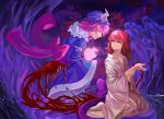  2girls abstract_background absurdres blood blue_headwear blue_kimono bound bound_legs crying crying_with_eyes_open dual_persona eye_contact floating full_moon hat highres japanese_clothes kimono looking_at_another medium_hair mob_cap moon multiple_girls obi parted_lips pink_hair purple_eyes red_hair reki_(user_rcrd4534) saigyouji_yuyuko saigyouji_yuyuko_(living) sash seiza short_hair sitting sleeves_past_fingers sleeves_past_wrists slit_wrist smile streaming_tears suicide tears touhou transformation triangular_headpiece upper_teeth white_kimono 