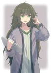  1girl black_hair coat collarbone cowboy_shot flat_chest green_eyes hand_in_hair highres hiyajou_maho long_hair long_sleeves menomorute messy_hair parted_lips purple_background shirt simple_background sketch solo steins;gate steins;gate_0 tablet_pc 